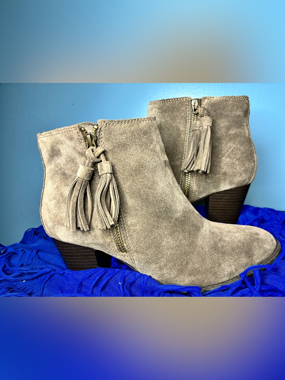 Vionic Taupe Suede Tassel Ankle Booties